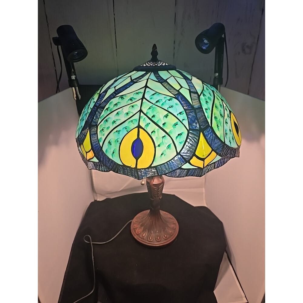 Vintage Tiffany Style 22" Stained Glass Peacock‎ Table Lamp